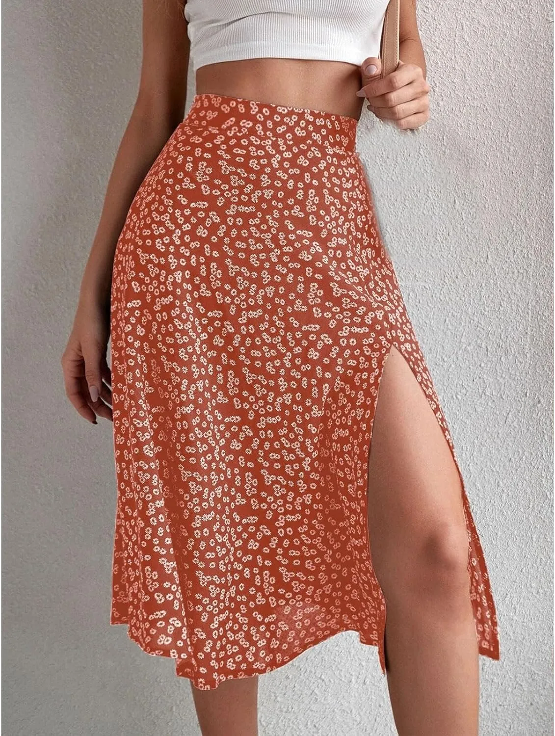 Women's Boho Skirts Floral High Waist A Line Swing Midi Skirt Side Split Hem Summer Beach Dresses
