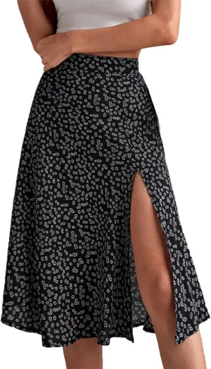 Women's Boho Skirts Floral High Waist A Line Swing Midi Skirt Side Split Hem Summer Beach Dresses
