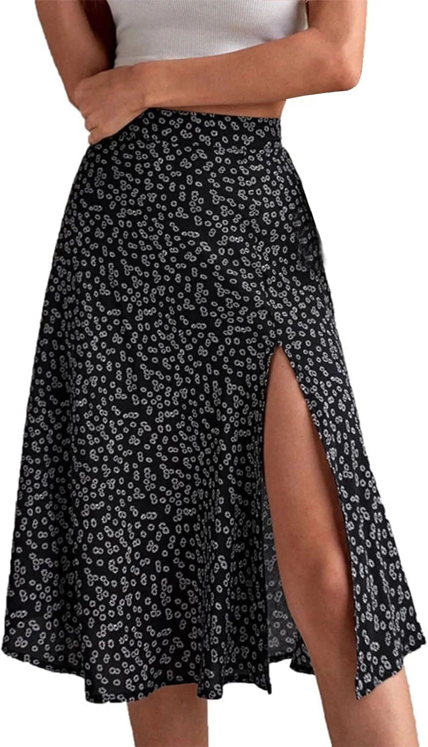 Women's Boho Skirts Floral High Waist A Line Swing Midi Skirt Side Split Hem Summer Beach Dresses
