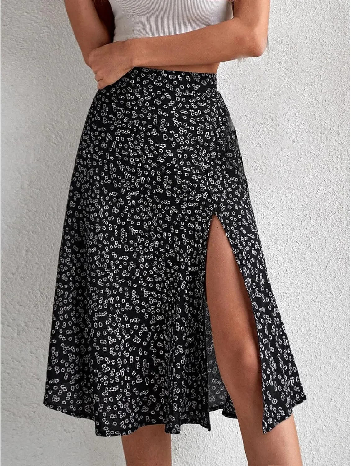 Women's Boho Skirts Floral High Waist A Line Swing Midi Skirt Side Split Hem Summer Beach Dresses