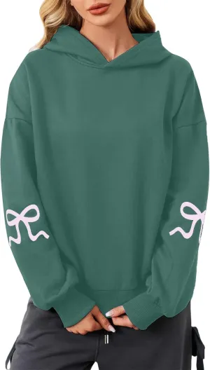 Women's Bow Trim Print Oversized Crewneck Sweatshirt Cute Graphic Sweatshirts Long Sleeve Pullover Y2k Tops