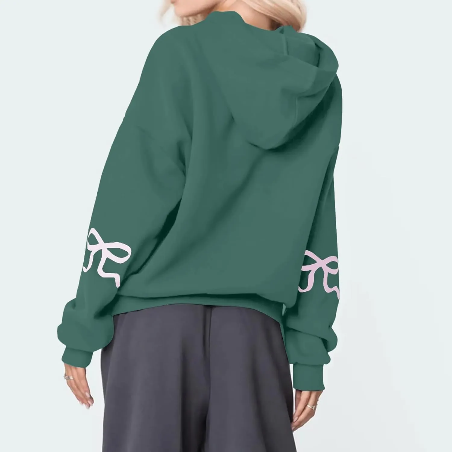 Women's Bow Trim Print Oversized Crewneck Sweatshirt Cute Graphic Sweatshirts Long Sleeve Pullover Y2k Tops