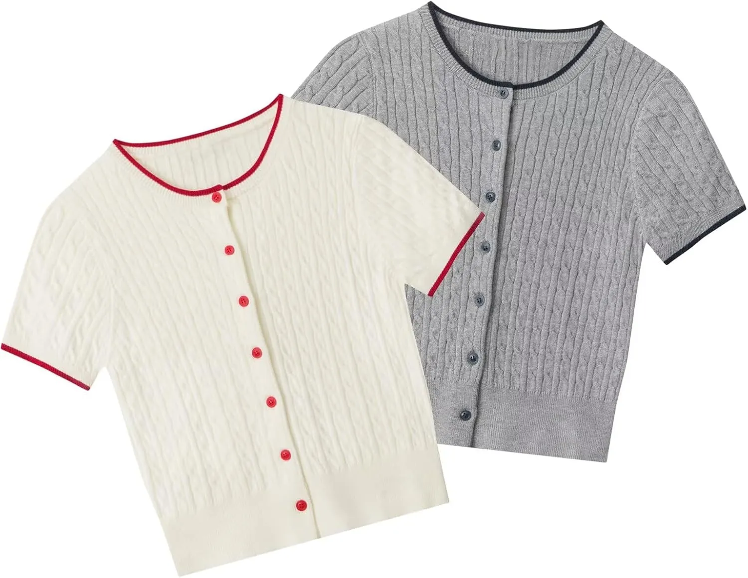 Womens Cable Knit Short Sleeve Cardigan Lightweight Button-Up Sweater