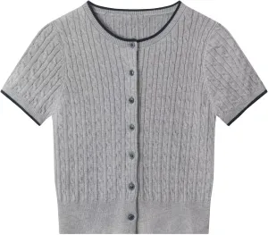 Womens Cable Knit Short Sleeve Cardigan Lightweight Button-Up Sweater