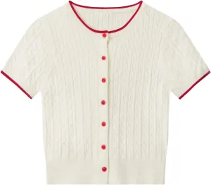 Womens Cable Knit Short Sleeve Cardigan Lightweight Button-Up Sweater
