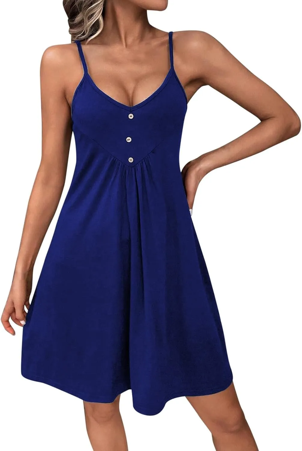 Women's Casual Beach Summer Dresses Solid Color Flattering A-Line Spaghetti Strap Button Up Midi Sundress