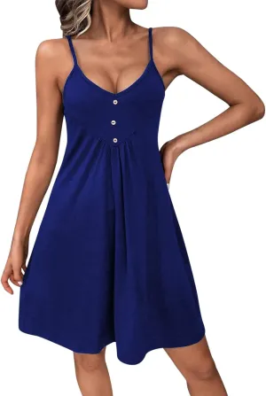 Women's Casual Beach Summer Dresses Solid Color Flattering A-Line Spaghetti Strap Button Up Midi Sundress