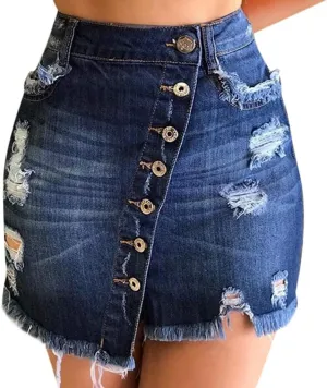 Women's Casual Button Down Denim Skirt High Waist Ripped Raw Frayed Hem Asymmetrical Slim Fit Jean Short Skirt