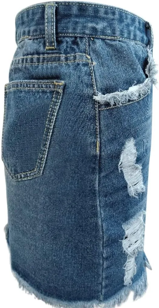 Women's Casual Button Down Denim Skirt High Waist Ripped Raw Frayed Hem Asymmetrical Slim Fit Jean Short Skirt