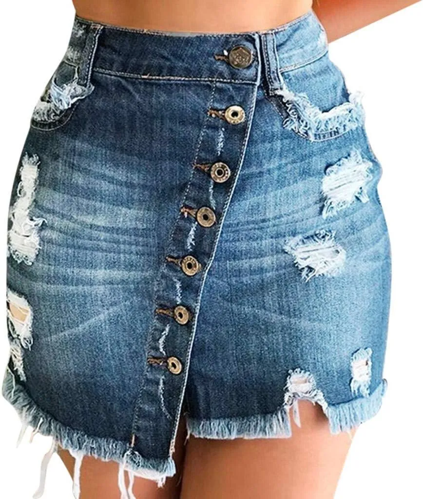 Women's Casual Button Down Denim Skirt High Waist Ripped Raw Frayed Hem Asymmetrical Slim Fit Jean Short Skirt