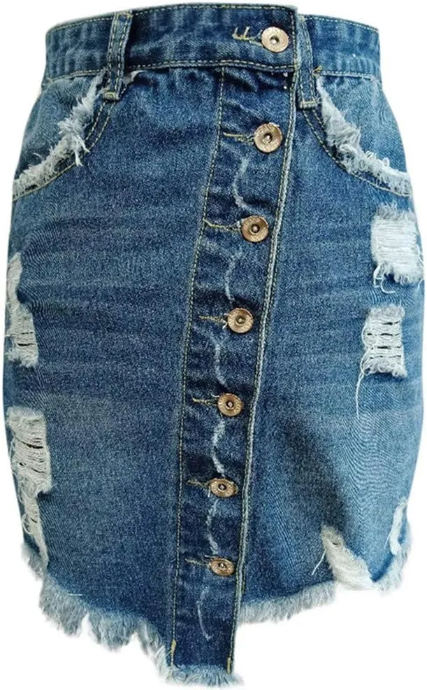 Women's Casual Button Down Denim Skirt High Waist Ripped Raw Frayed Hem Asymmetrical Slim Fit Jean Short Skirt