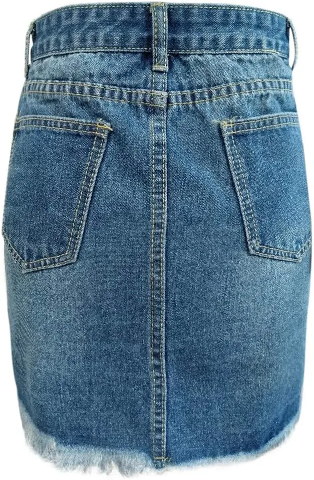 Women's Casual Button Down Denim Skirt High Waist Ripped Raw Frayed Hem Asymmetrical Slim Fit Jean Short Skirt