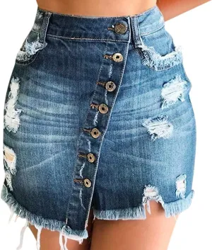 Women's Casual Button Down Denim Skirt High Waist Ripped Raw Frayed Hem Asymmetrical Slim Fit Jean Short Skirt