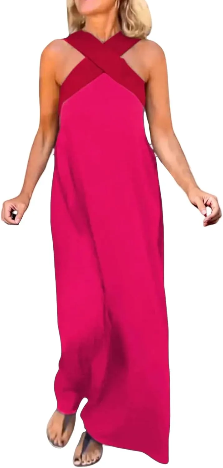 Women's Casual Dresses Flowy Cross Halter Neck Sleeveless Stitching Dress Summer Sexy Backless Vacation Maxi Dress