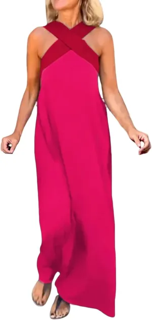 Women's Casual Dresses Flowy Cross Halter Neck Sleeveless Stitching Dress Summer Sexy Backless Vacation Maxi Dress