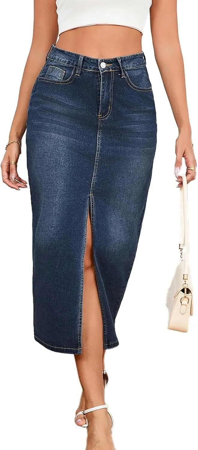 Women's Casual Jean Skirt High Waist Slit Midi Denim Skirt