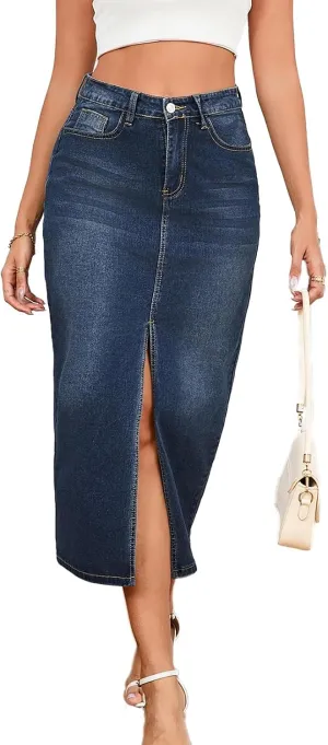 Women's Casual Jean Skirt High Waist Slit Midi Denim Skirt