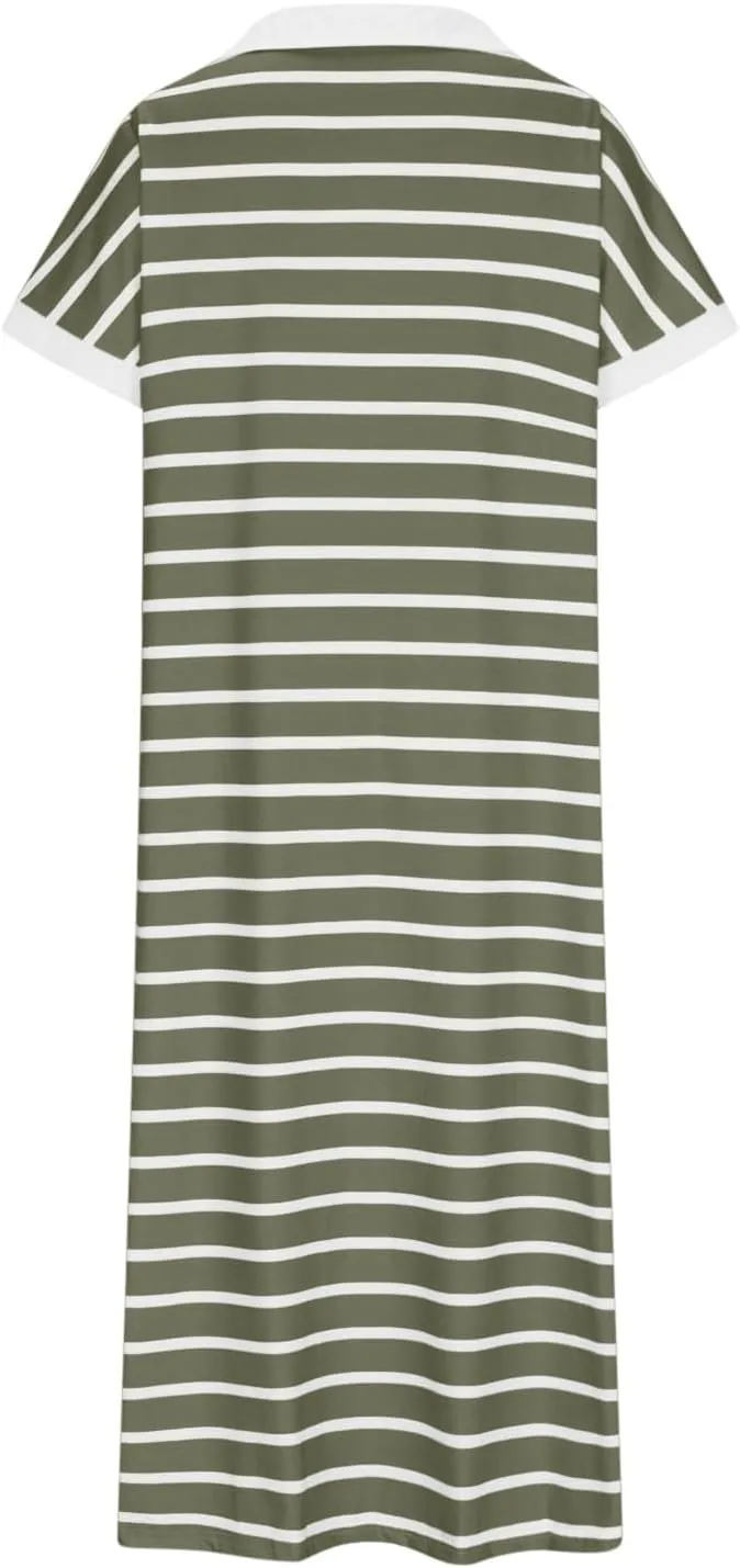 Womens Casual Maxi Dress Trendy Striped V Neck Short Sleeve Dress Summer Slim Fit Split Hem Vacation Beach Sundress