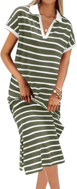 Womens Casual Maxi Dress Trendy Striped V Neck Short Sleeve Dress Summer Slim Fit Split Hem Vacation Beach Sundress