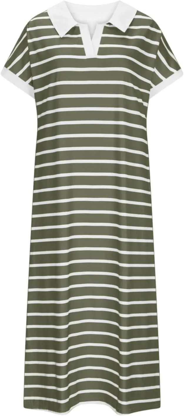 Womens Casual Maxi Dress Trendy Striped V Neck Short Sleeve Dress Summer Slim Fit Split Hem Vacation Beach Sundress