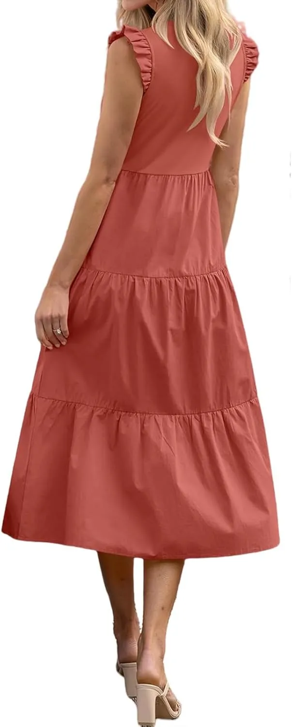 Women's Casual Maxi Dresses Crewneck Ruffle Sleeve Smocked Dress Summer Tiered Aline Beach Dresses with Pockets