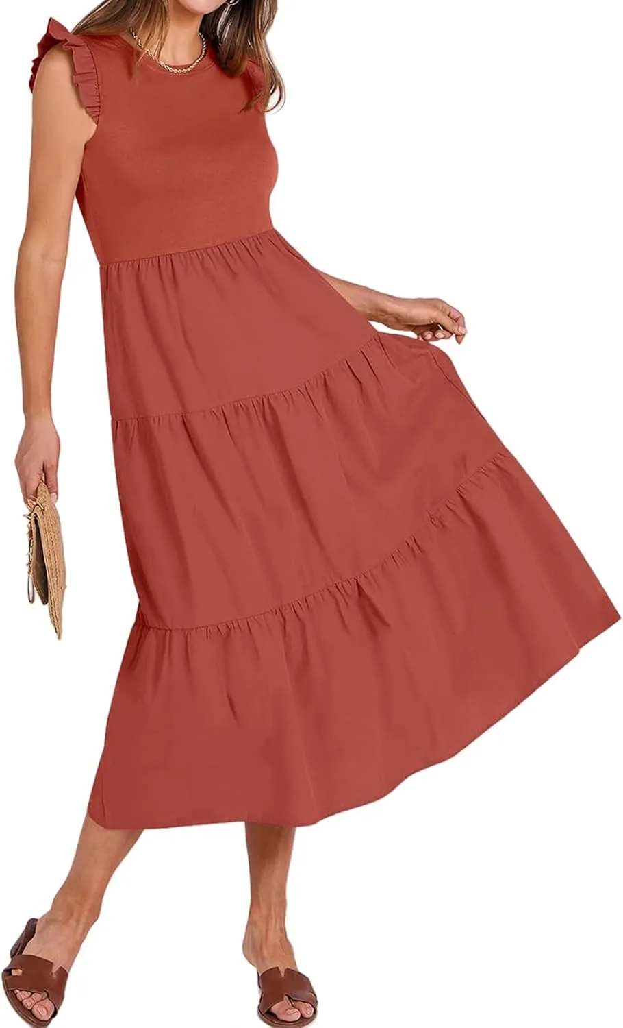 Women's Casual Maxi Dresses Crewneck Ruffle Sleeve Smocked Dress Summer Tiered Aline Beach Dresses with Pockets