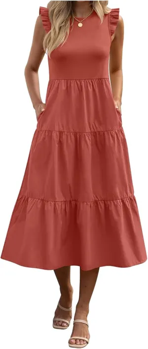 Women's Casual Maxi Dresses Crewneck Ruffle Sleeve Smocked Dress Summer Tiered Aline Beach Dresses with Pockets