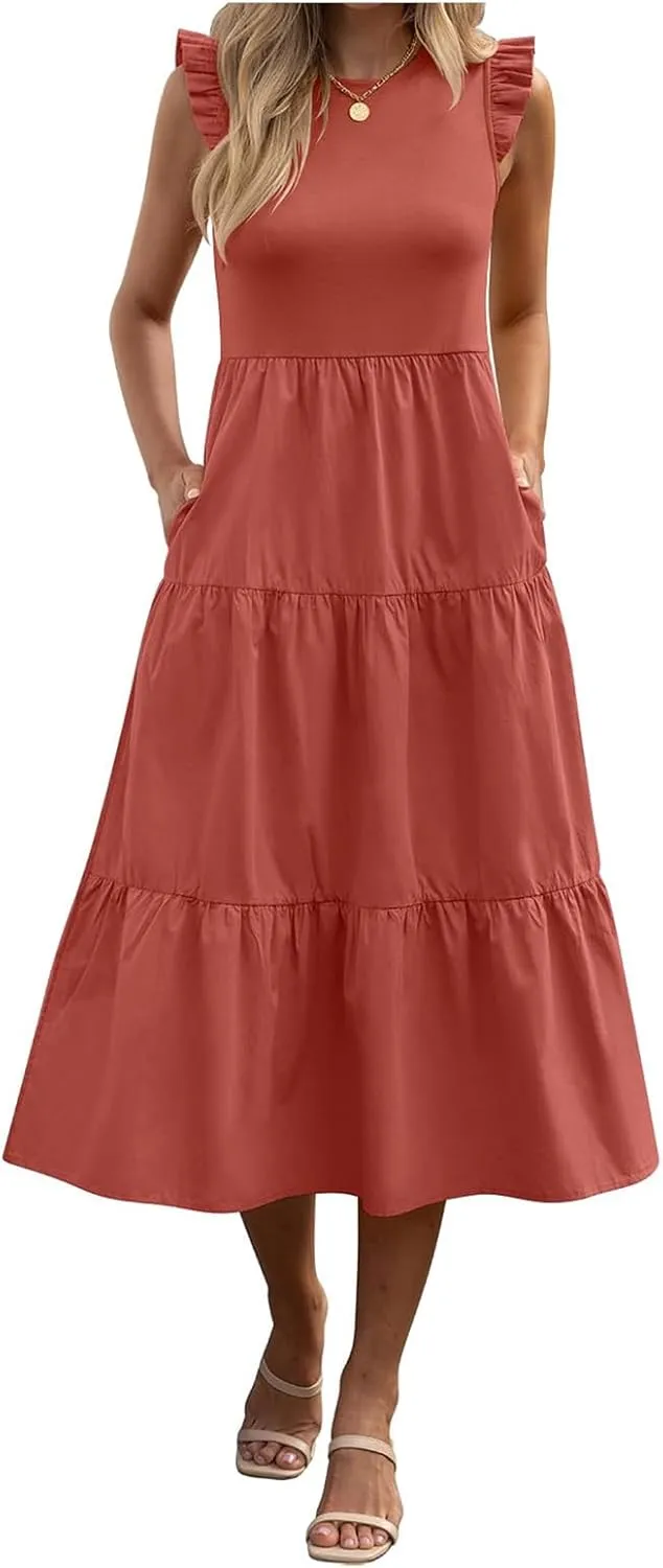 Women's Casual Maxi Dresses Crewneck Ruffle Sleeve Smocked Dress Summer Tiered Aline Beach Dresses with Pockets