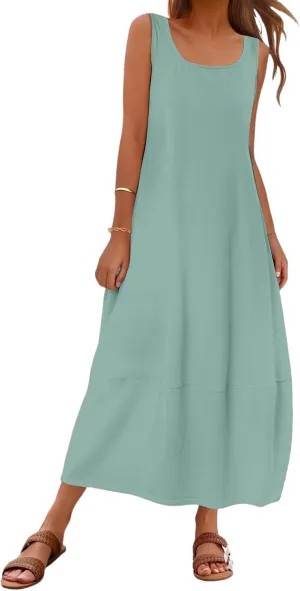 Womens Casual Maxi Sundresses Sleeveless Midi Dress Swing Tank Sundress Loose Fit Tank Dress