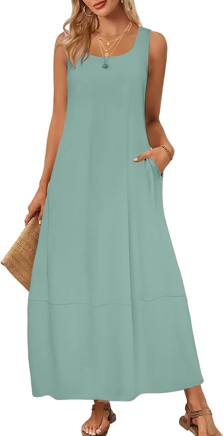 Womens Casual Maxi Sundresses Sleeveless Midi Dress Swing Tank Sundress Loose Fit Tank Dress