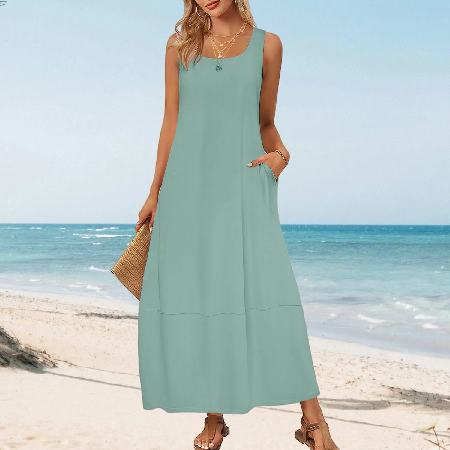 Womens Casual Maxi Sundresses Sleeveless Midi Dress Swing Tank Sundress Loose Fit Tank Dress