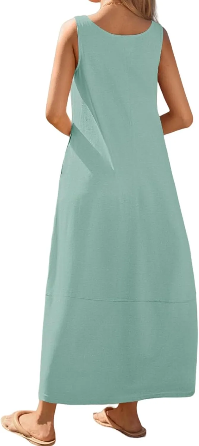 Womens Casual Maxi Sundresses Sleeveless Midi Dress Swing Tank Sundress Loose Fit Tank Dress