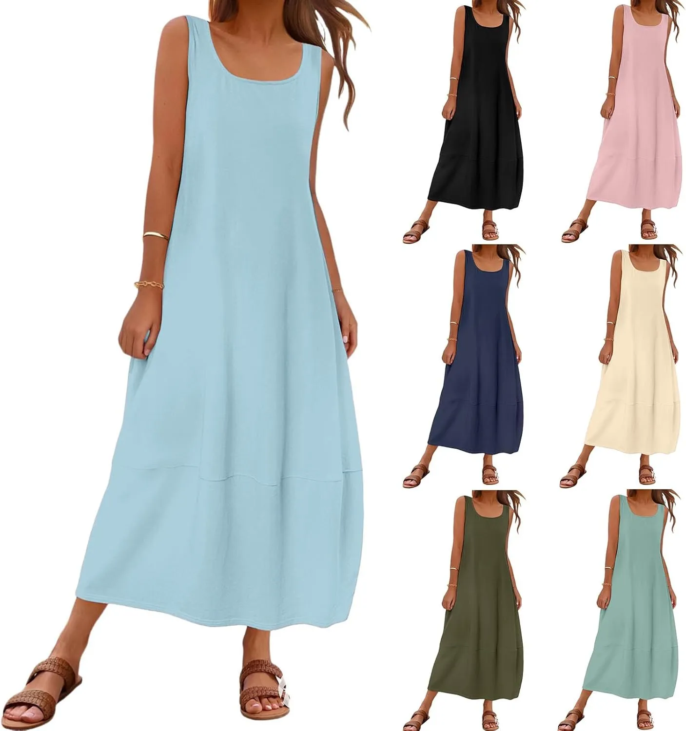 Womens Casual Maxi Sundresses Sleeveless Midi Dress Swing Tank Sundress Loose Fit Tank Dress