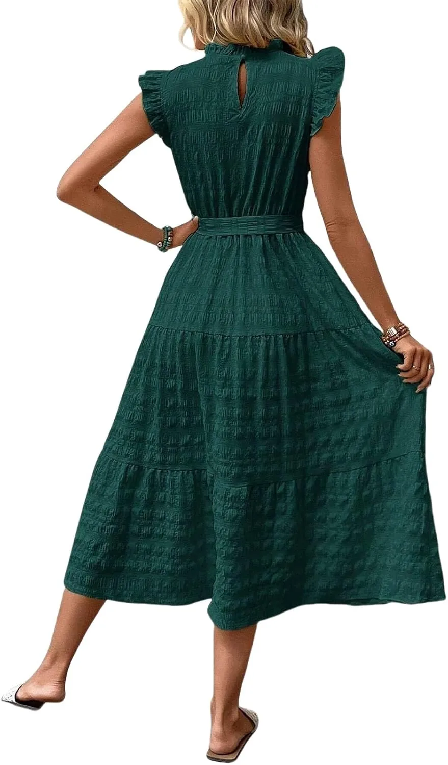 Womens Casual Midi Dress Fashion Crew Neck Ruffle Cap Sleeve Dresses Textured Loose Fit Tunic Lace Up Tiered Dresses