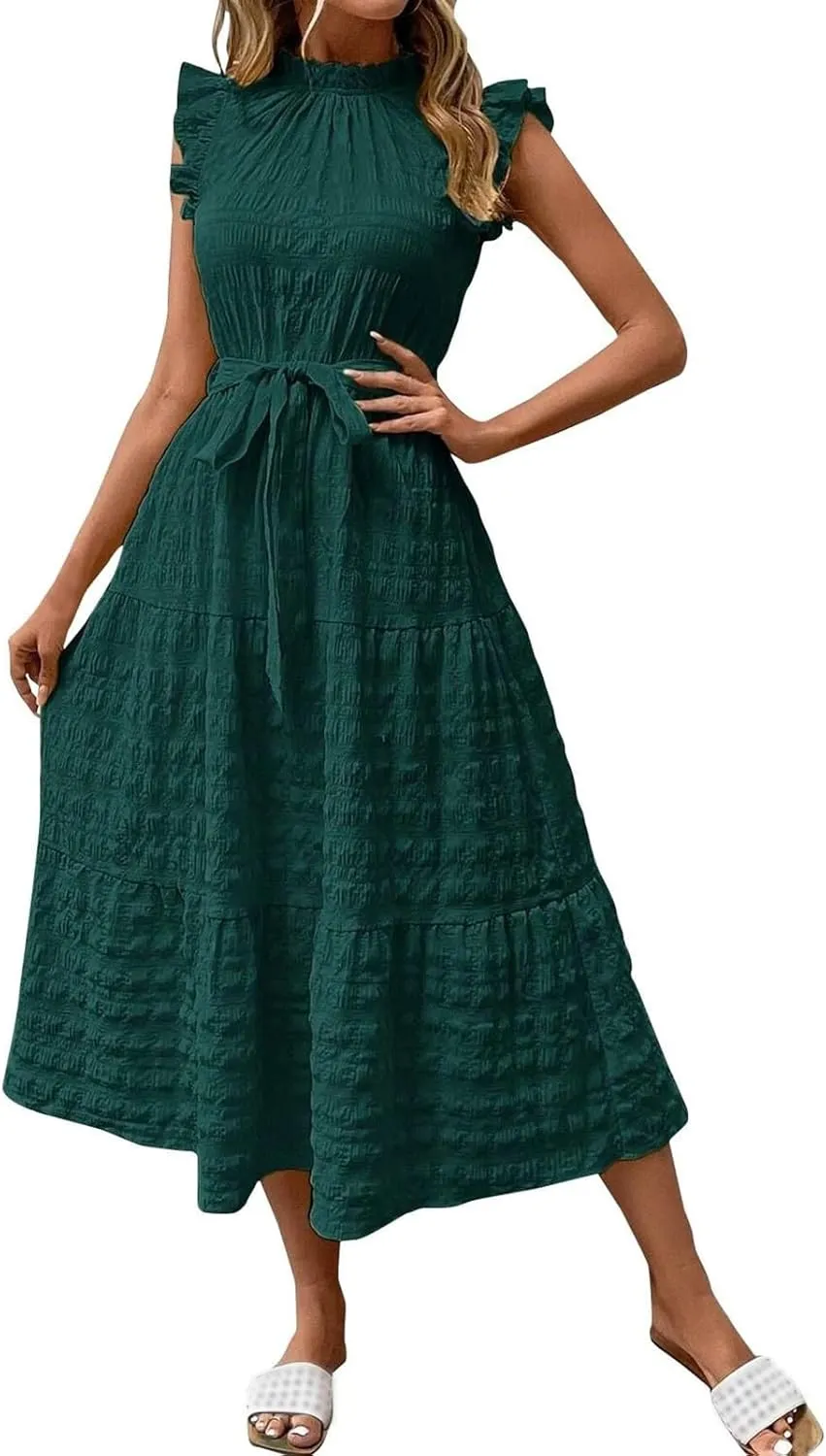 Womens Casual Midi Dress Fashion Crew Neck Ruffle Cap Sleeve Dresses Textured Loose Fit Tunic Lace Up Tiered Dresses