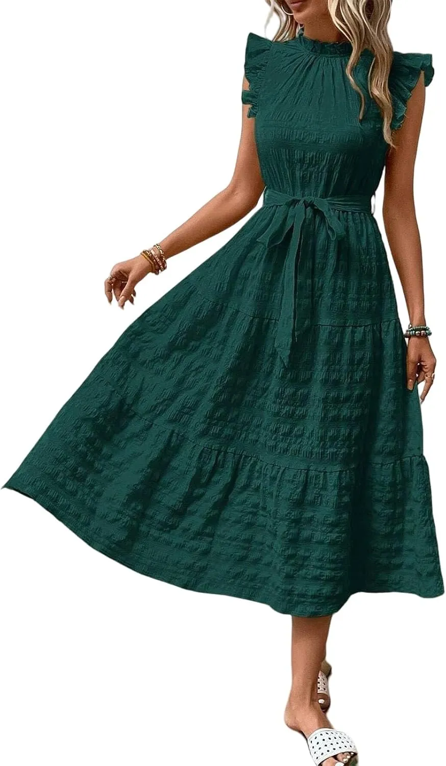 Womens Casual Midi Dress Fashion Crew Neck Ruffle Cap Sleeve Dresses Textured Loose Fit Tunic Lace Up Tiered Dresses