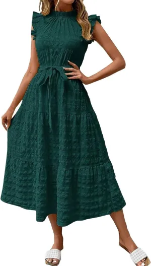 Womens Casual Midi Dress Fashion Crew Neck Ruffle Cap Sleeve Dresses Textured Loose Fit Tunic Lace Up Tiered Dresses