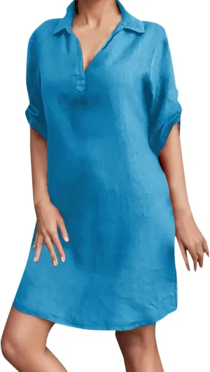 Women's Casual Shirt Dress Ruffle Sleeve Solid Color Button Down Shift Turn Cotton Linen Short 2025 Summer Dress