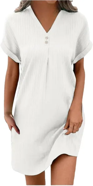 Womens Casual Summer Dresses Button Up V Neck Short Sleeve Mini Dress Dressy Work Tshirt Dress