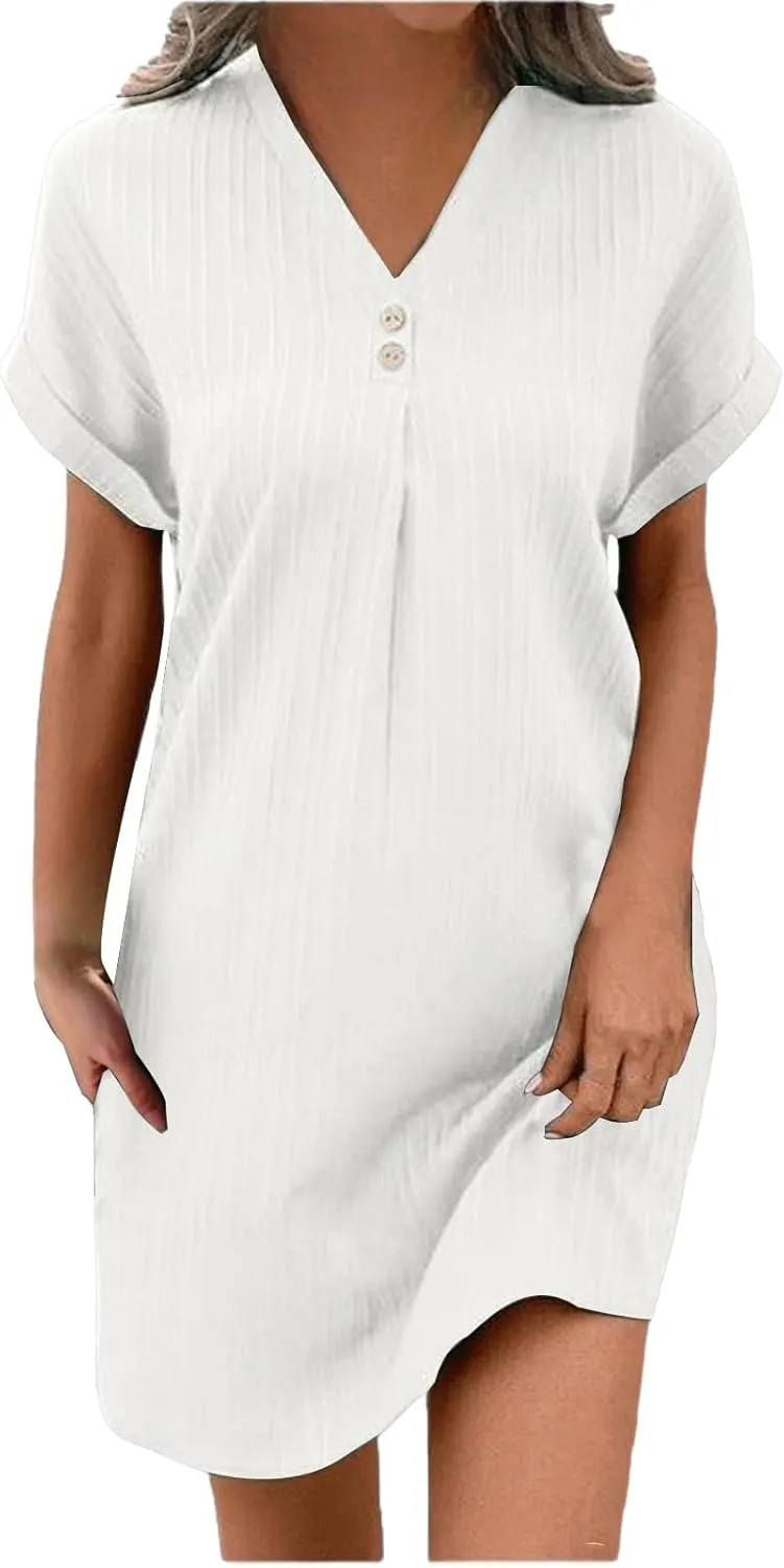 Womens Casual Summer Dresses Button Up V Neck Short Sleeve Mini Dress Dressy Work Tshirt Dress