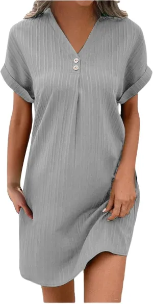 Womens Casual Summer Dresses Button Up V Neck Short Sleeve Mini Dress Dressy Work Tshirt Dress