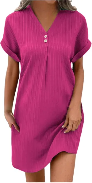 Womens Casual Summer Dresses Button Up V Neck Short Sleeve Mini Dress Dressy Work Tshirt Dress