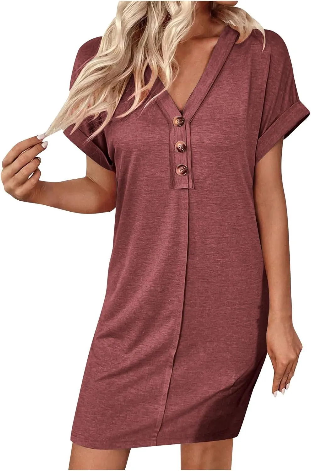 Women's Casual T Shirt Dress Button Up V Neck Tunic Dresses Summer Short Sleeve Mini Dress Loose Sundresses