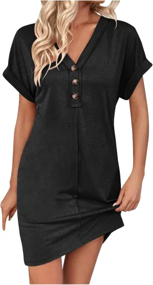 Women's Casual T Shirt Dress Button Up V Neck Tunic Dresses Summer Short Sleeve Mini Dress Loose Sundresses