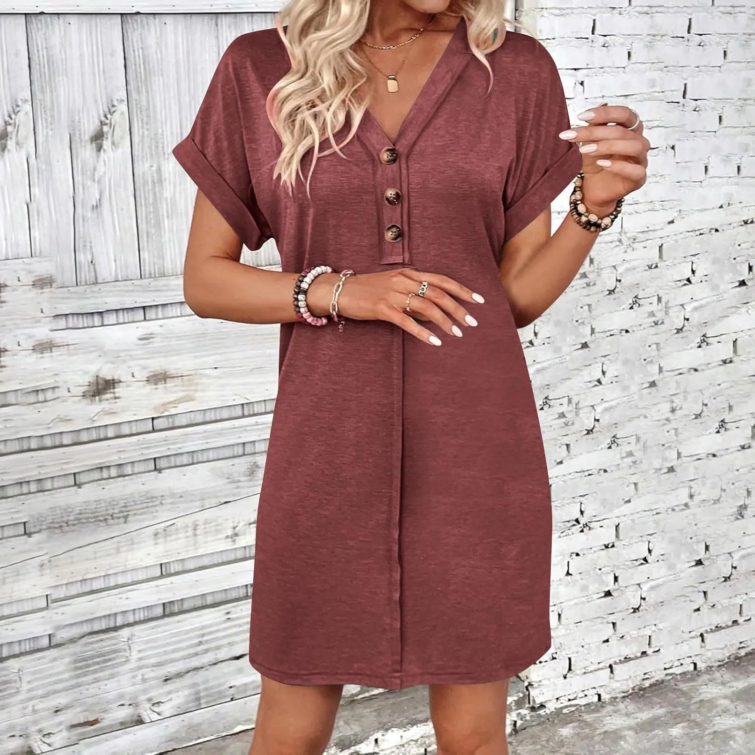 Women's Casual T Shirt Dress Button Up V Neck Tunic Dresses Summer Short Sleeve Mini Dress Loose Sundresses