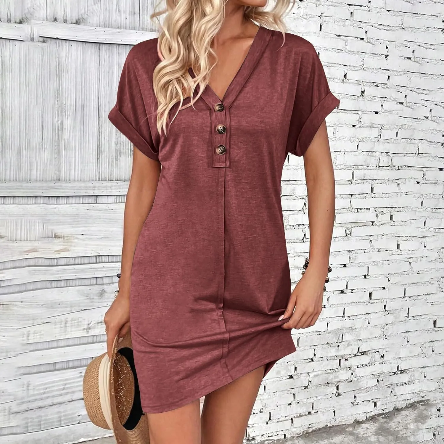 Women's Casual T Shirt Dress Button Up V Neck Tunic Dresses Summer Short Sleeve Mini Dress Loose Sundresses