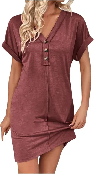 Women's Casual T Shirt Dress Button Up V Neck Tunic Dresses Summer Short Sleeve Mini Dress Loose Sundresses