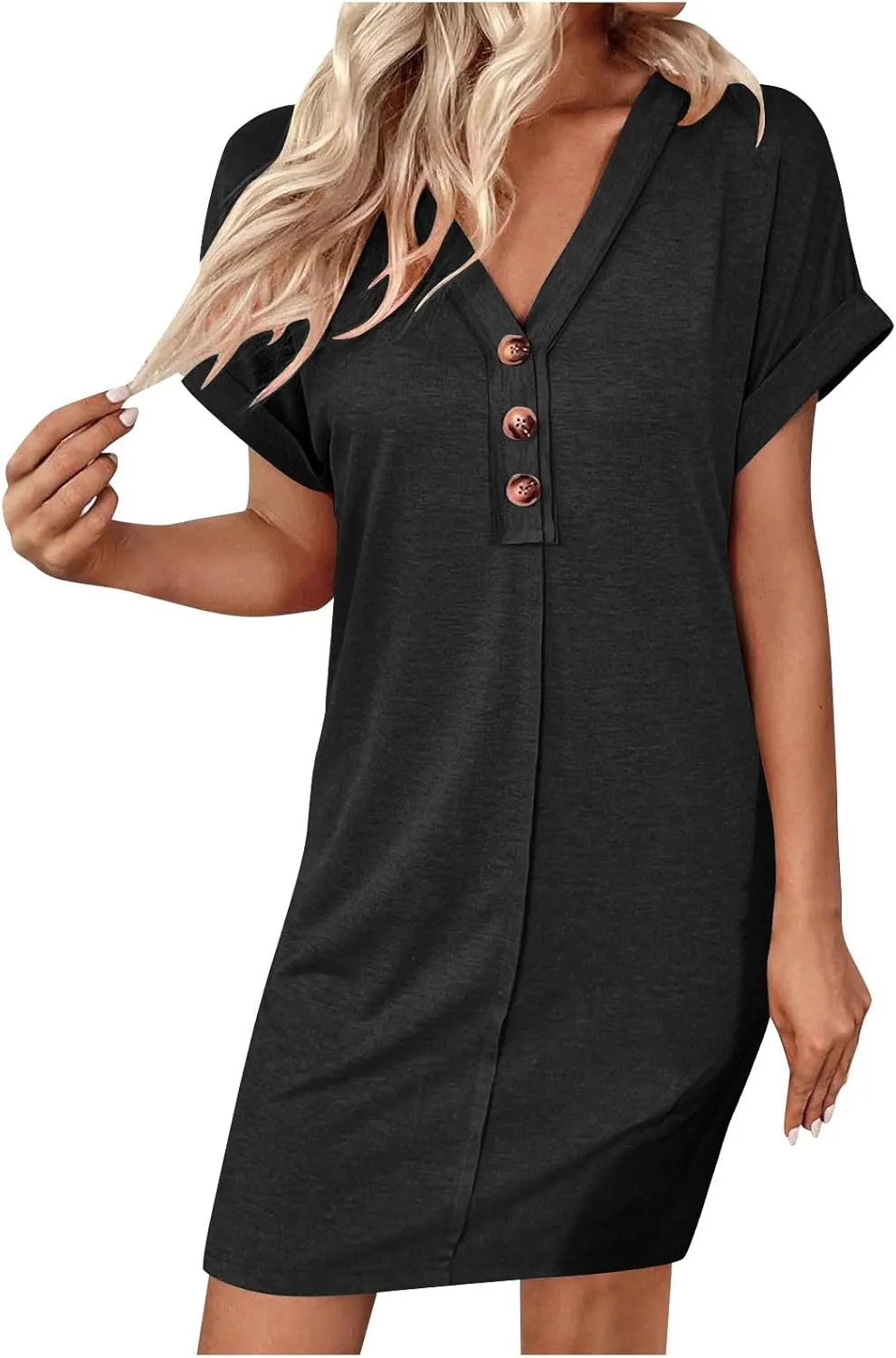 Women's Casual T Shirt Dress Button Up V Neck Tunic Dresses Summer Short Sleeve Mini Dress Loose Sundresses