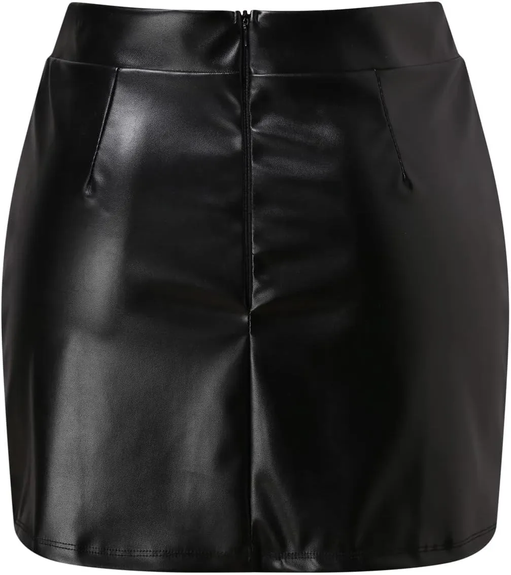 Women's Comfortable Fashion Basic High Waist Faux Leather Bodycon Mini Pencil Skirt Dorm Bed Skirt