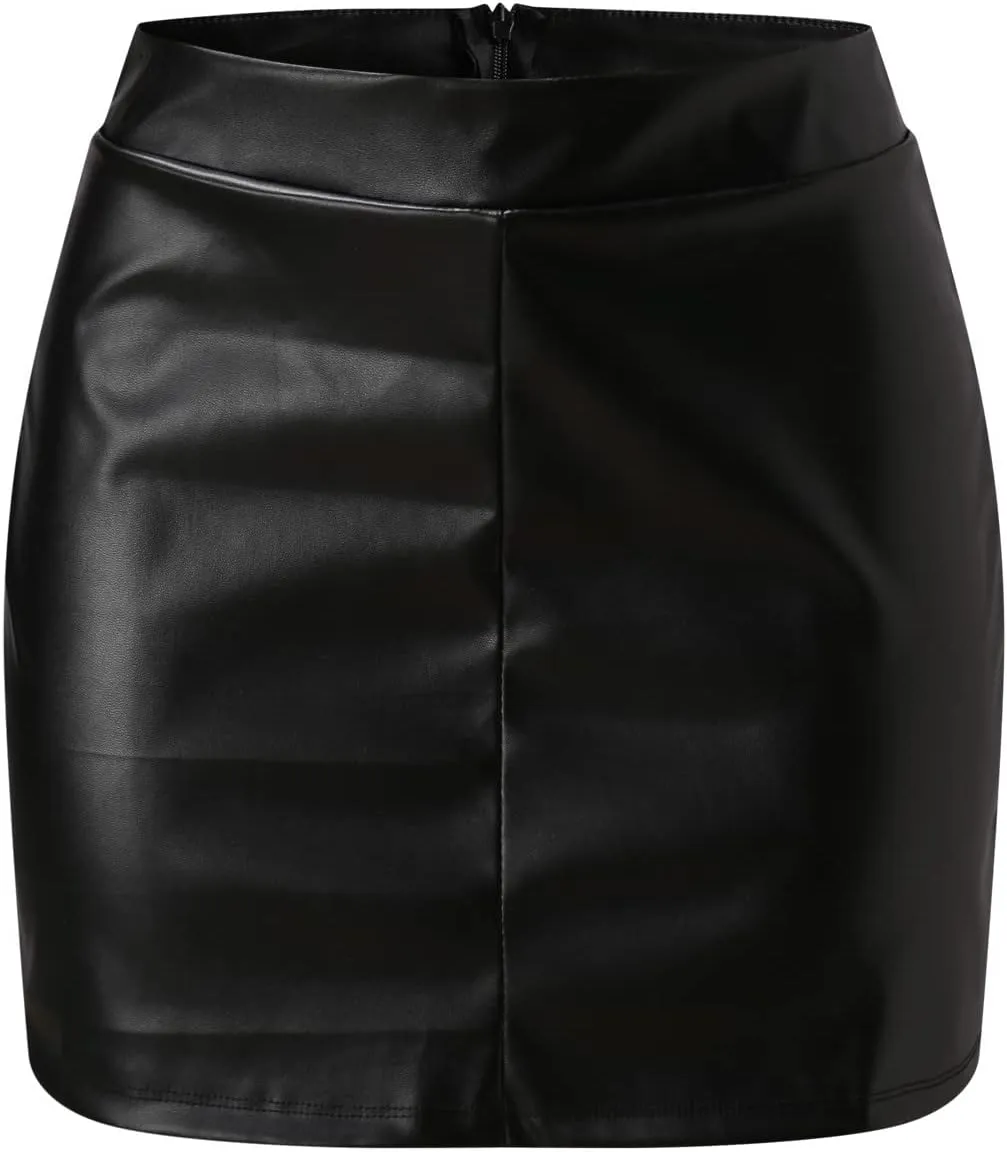 Women's Comfortable Fashion Basic High Waist Faux Leather Bodycon Mini Pencil Skirt Dorm Bed Skirt